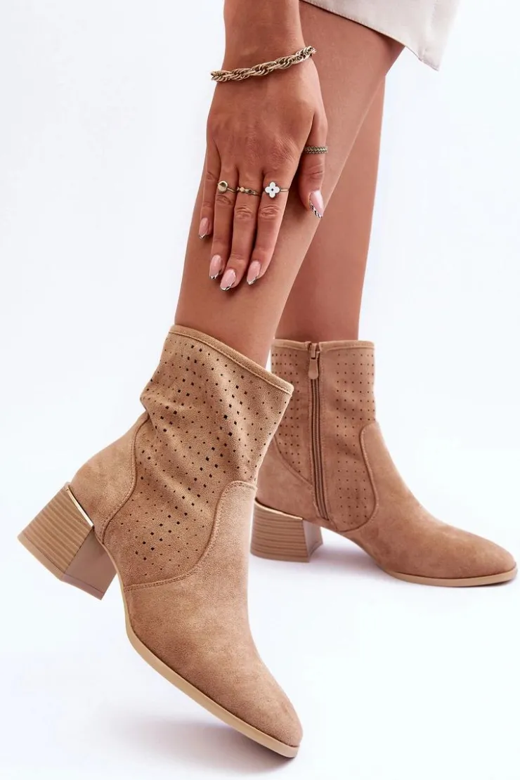 Sale Boto Zamszowe Ażurowe Botki Na Obcasie Ciemnobeżowe Perale