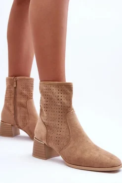 Sale Boto Zamszowe Ażurowe Botki Na Obcasie Ciemnobeżowe Perale