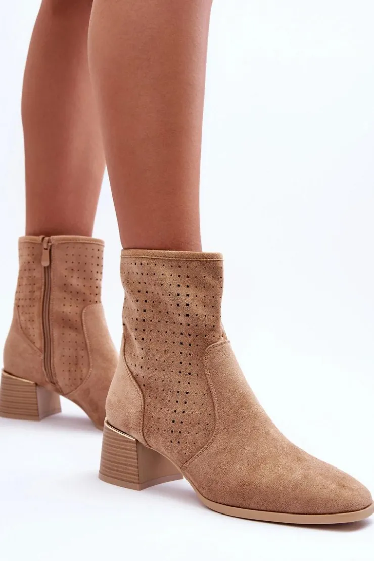 Sale Boto Zamszowe Ażurowe Botki Na Obcasie Ciemnobeżowe Perale