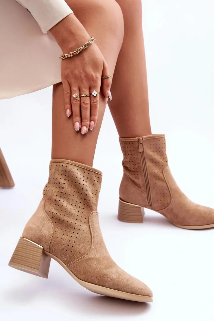 Sale Boto Zamszowe Ażurowe Botki Na Obcasie Ciemnobeżowe Perale
