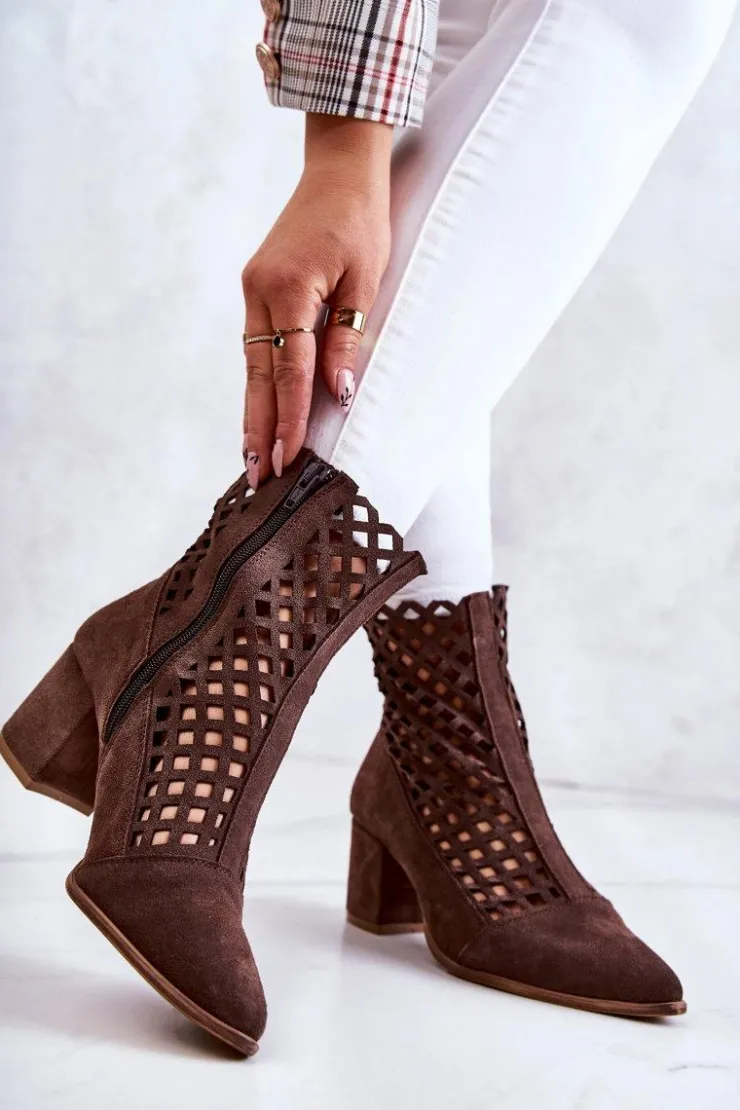 Hot Boto Zamszowe Ażurowe Botki Na Obcasie Nicole 2638 Ciemnobrązowe