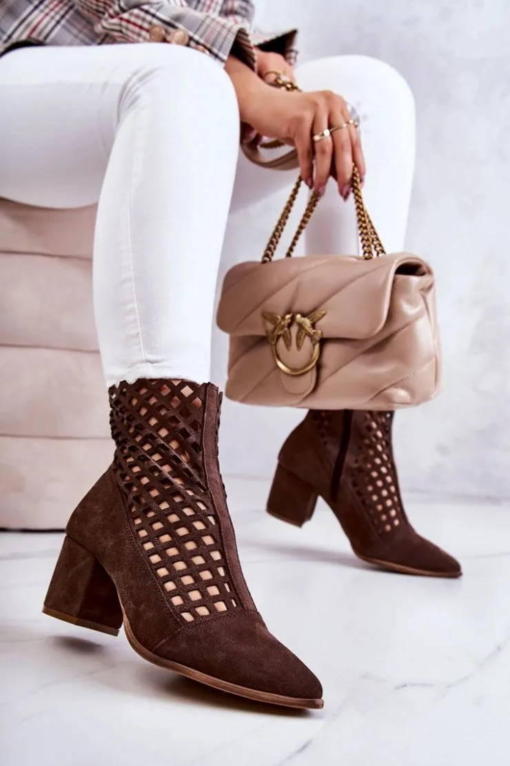 Hot Boto Zamszowe Ażurowe Botki Na Obcasie Nicole 2638 Ciemnobrązowe