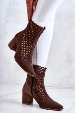 Hot Boto Zamszowe Ażurowe Botki Na Obcasie Nicole 2638 Ciemnobrązowe