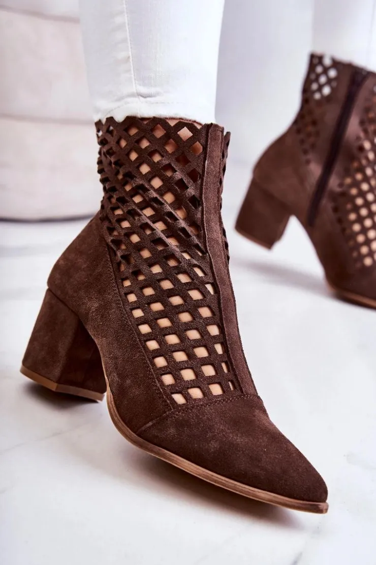 Hot Boto Zamszowe Ażurowe Botki Na Obcasie Nicole 2638 Ciemnobrązowe