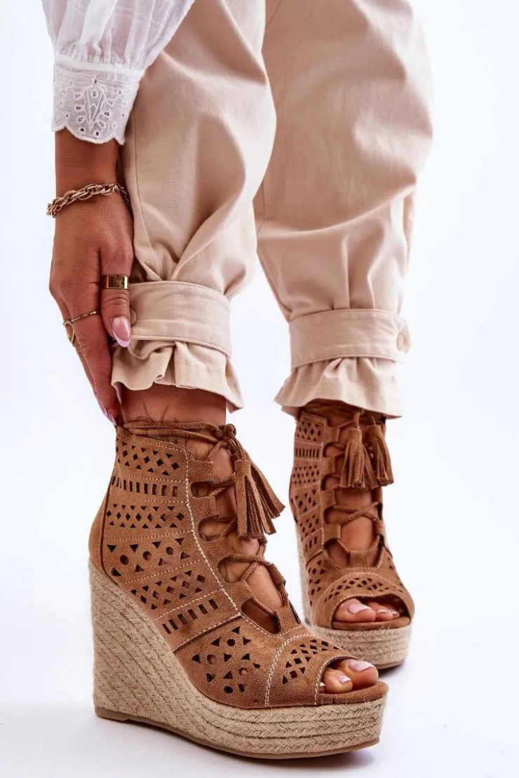 Boto Botki Wiosenne|Botki Na Koturnie*Zamszowe Ażurowe Botki Na Koturnie Camel Berthe