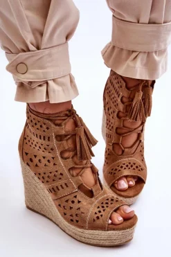 Boto Botki Wiosenne|Botki Na Koturnie*Zamszowe Ażurowe Botki Na Koturnie Camel Berthe