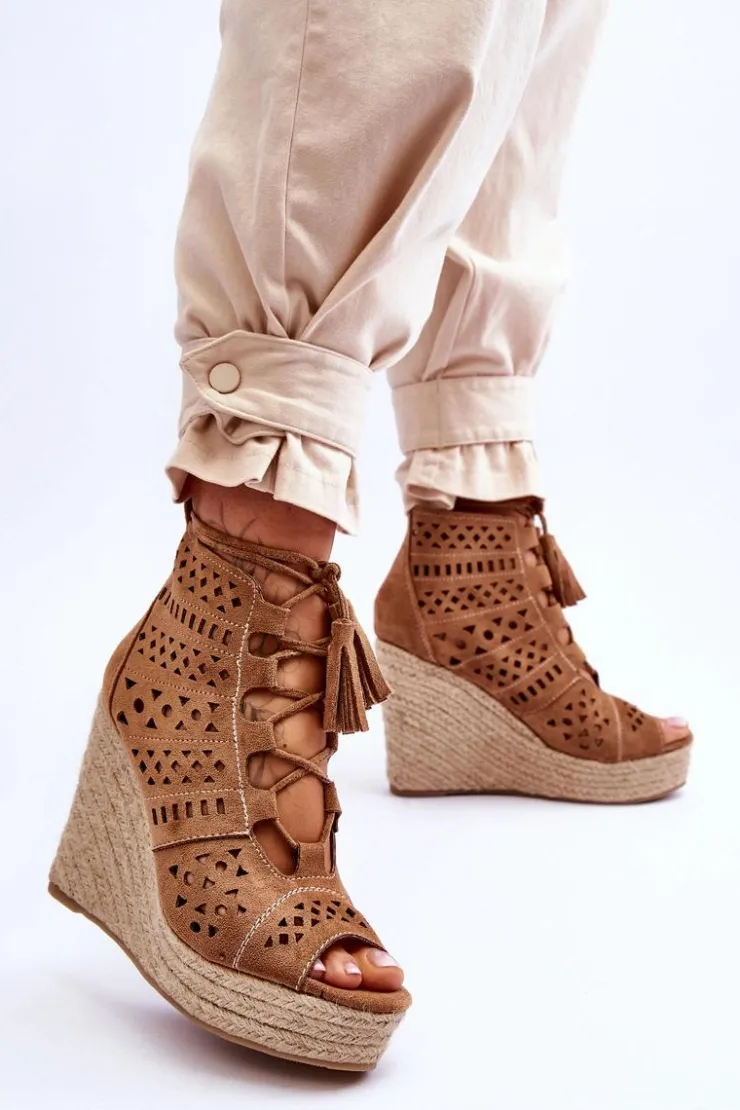 Boto Botki Wiosenne|Botki Na Koturnie*Zamszowe Ażurowe Botki Na Koturnie Camel Berthe