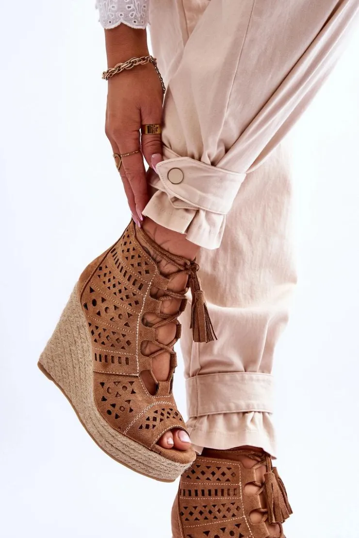 Boto Botki Wiosenne|Botki Na Koturnie*Zamszowe Ażurowe Botki Na Koturnie Camel Berthe