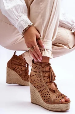 Boto Botki Wiosenne|Botki Na Koturnie*Zamszowe Ażurowe Botki Na Koturnie Camel Berthe