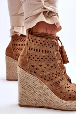 Boto Botki Wiosenne|Botki Na Koturnie*Zamszowe Ażurowe Botki Na Koturnie Camel Berthe