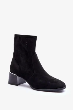 Boto Botki Wiosenne|Czarne Botki*Zamszowe Ażurowe Botki Na Obcasie Czarne Perale