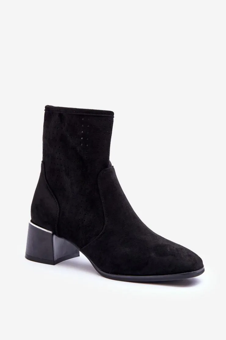 Boto Botki Wiosenne|Czarne Botki*Zamszowe Ażurowe Botki Na Obcasie Czarne Perale