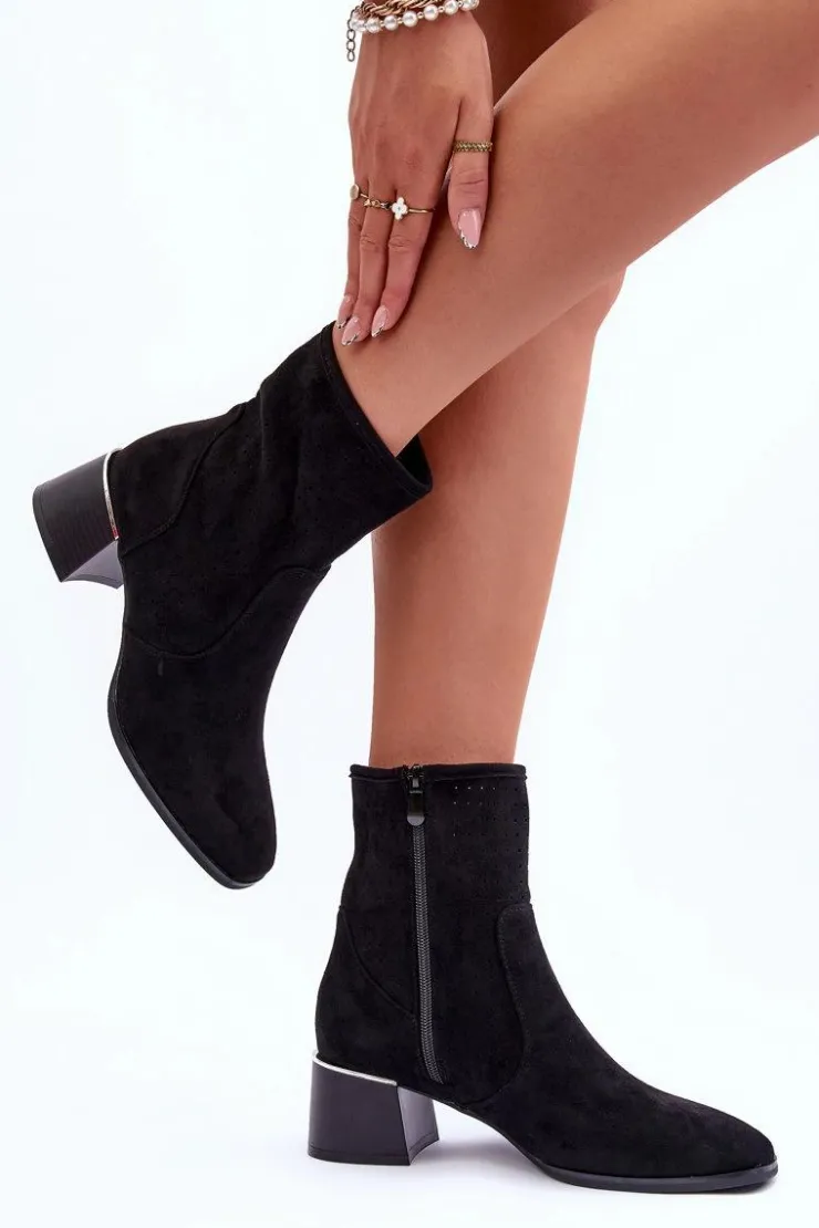 Boto Botki Wiosenne|Czarne Botki*Zamszowe Ażurowe Botki Na Obcasie Czarne Perale