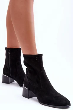 Boto Botki Wiosenne|Czarne Botki*Zamszowe Ażurowe Botki Na Obcasie Czarne Perale