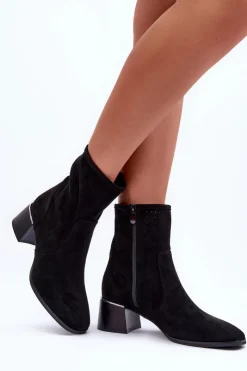 Boto Botki Wiosenne|Czarne Botki*Zamszowe Ażurowe Botki Na Obcasie Czarne Perale