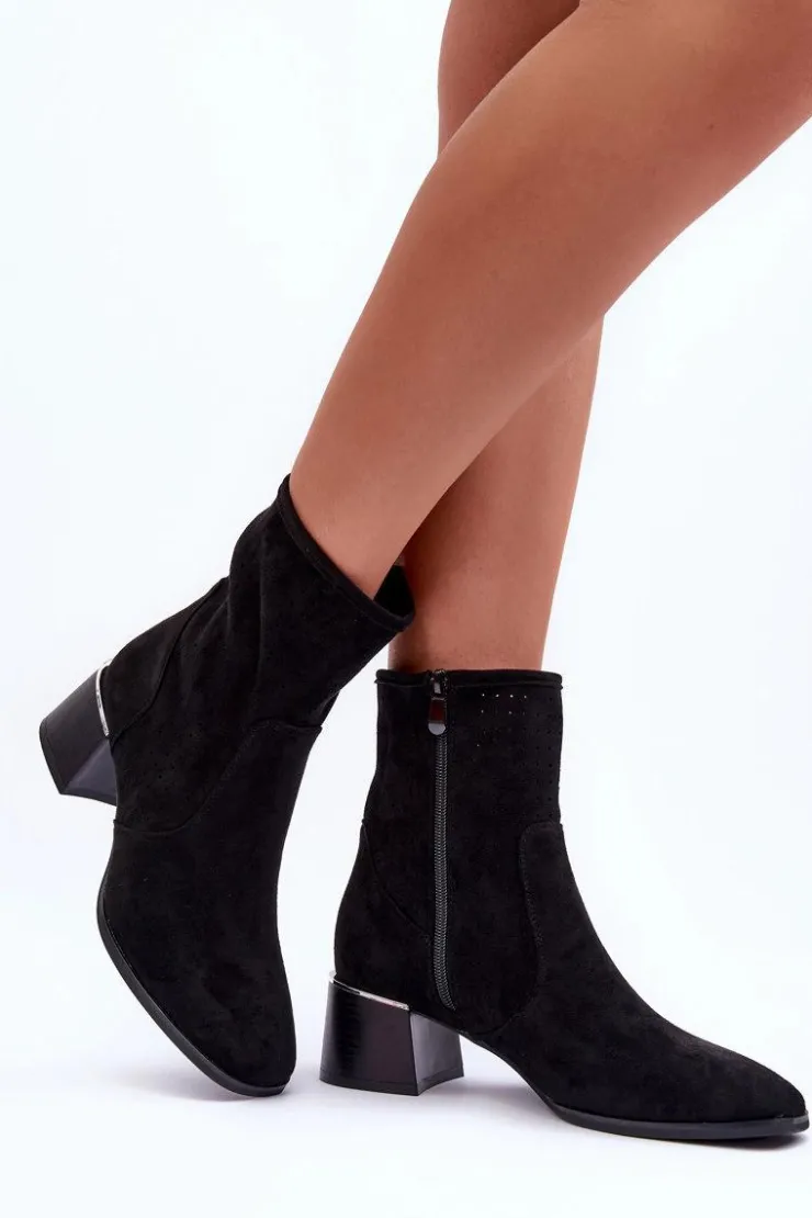 Boto Botki Wiosenne|Czarne Botki*Zamszowe Ażurowe Botki Na Obcasie Czarne Perale