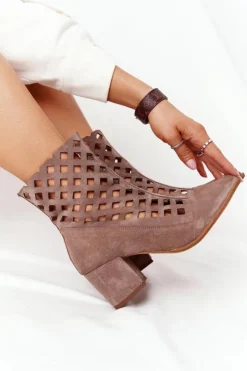 Boto Botki Wiosenne|Botki Na Słupku*Zamszowe Ażurowe Botki Na Obcasie Nicole 2638 Brązowe