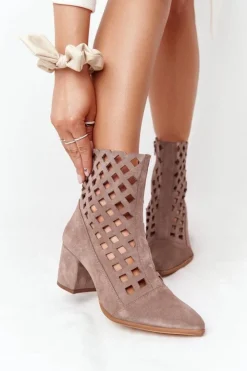 Boto Botki Wiosenne|Botki Na Słupku*Zamszowe Ażurowe Botki Na Obcasie Nicole 2638 Brązowe