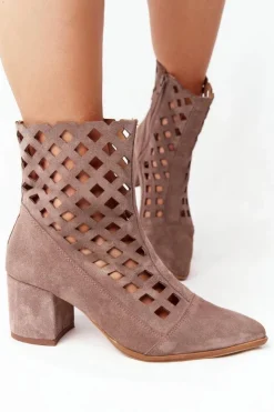 Boto Botki Wiosenne|Botki Na Słupku*Zamszowe Ażurowe Botki Na Obcasie Nicole 2638 Brązowe