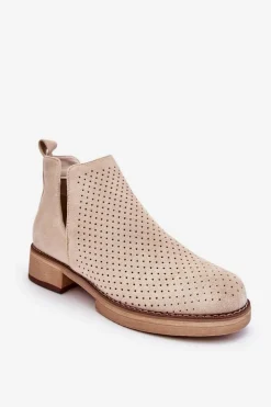 New Boto Zamszowe Ażurowe Botki Na Płaskim Obcasie Beżowe Angie