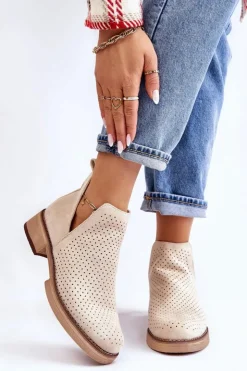 New Boto Zamszowe Ażurowe Botki Na Płaskim Obcasie Beżowe Angie