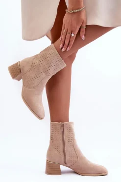Damskie Boto Zamszowe Ażurowe Botki Na Obcasie Beżowe Perale