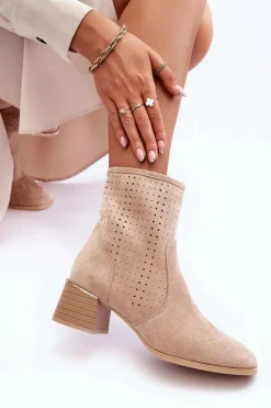 Damskie Boto Zamszowe Ażurowe Botki Na Obcasie Beżowe Perale