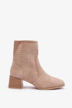 Damskie Boto Zamszowe Ażurowe Botki Na Obcasie Beżowe Perale