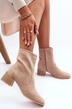 Damskie Boto Zamszowe Ażurowe Botki Na Obcasie Beżowe Perale