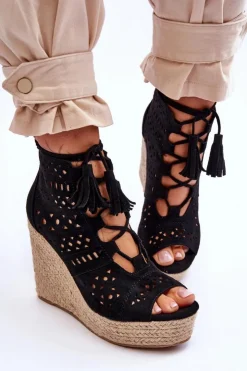 Hot Boto Zamszowe Ażurowe Botki Na Koturnie Czarne Berthe