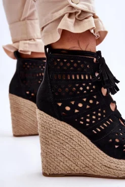 Hot Boto Zamszowe Ażurowe Botki Na Koturnie Czarne Berthe