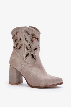 Boto Botki Na Słupku|Botki Ażurowe*Zamszowe Ażurowe Botki Na Słupku Lewski 3629 Cappucino Beżowy