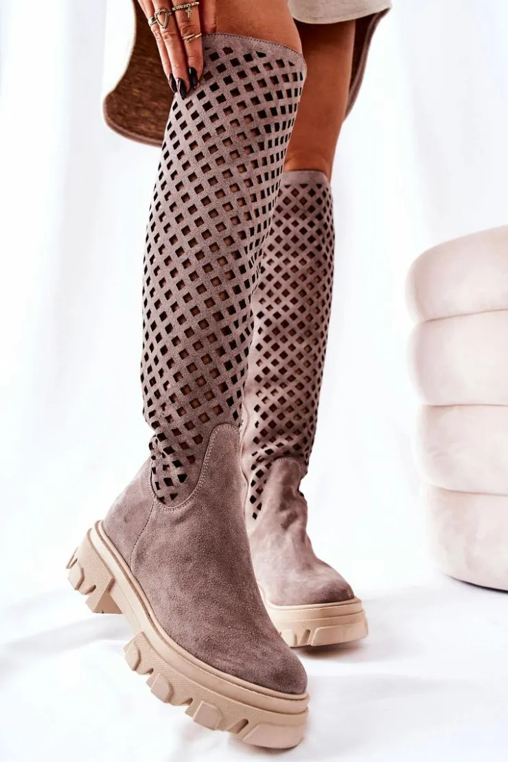 Damskie Boto Zamszowe Ażurowe Kozaki Jasnobrązowe Kallede