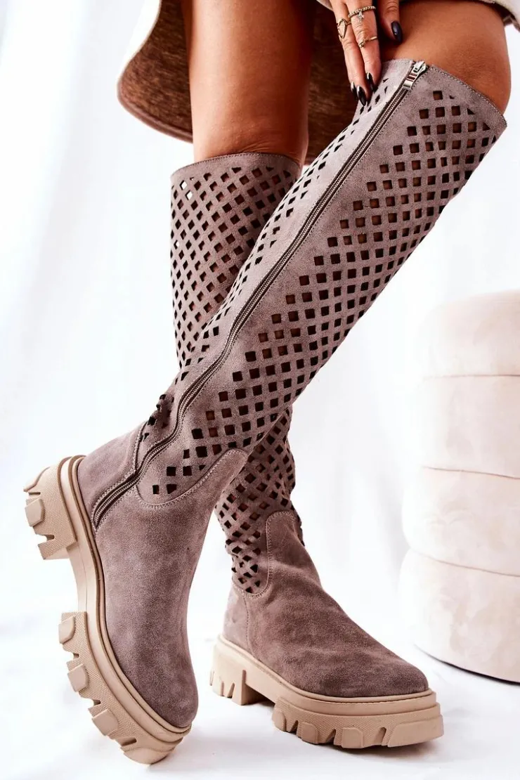 Damskie Boto Zamszowe Ażurowe Kozaki Jasnobrązowe Kallede