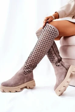 Damskie Boto Zamszowe Ażurowe Kozaki Jasnobrązowe Kallede