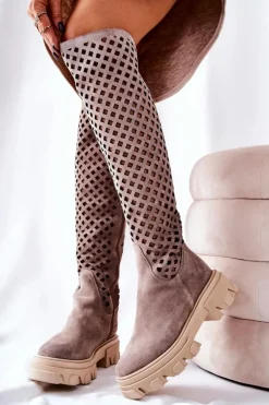 Damskie Boto Zamszowe Ażurowe Kozaki Jasnobrązowe Kallede