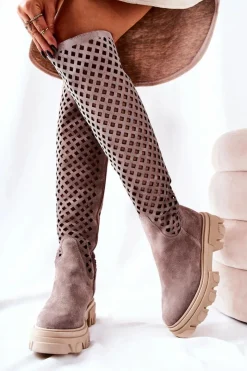 Damskie Boto Zamszowe Ażurowe Kozaki Jasnobrązowe Kallede