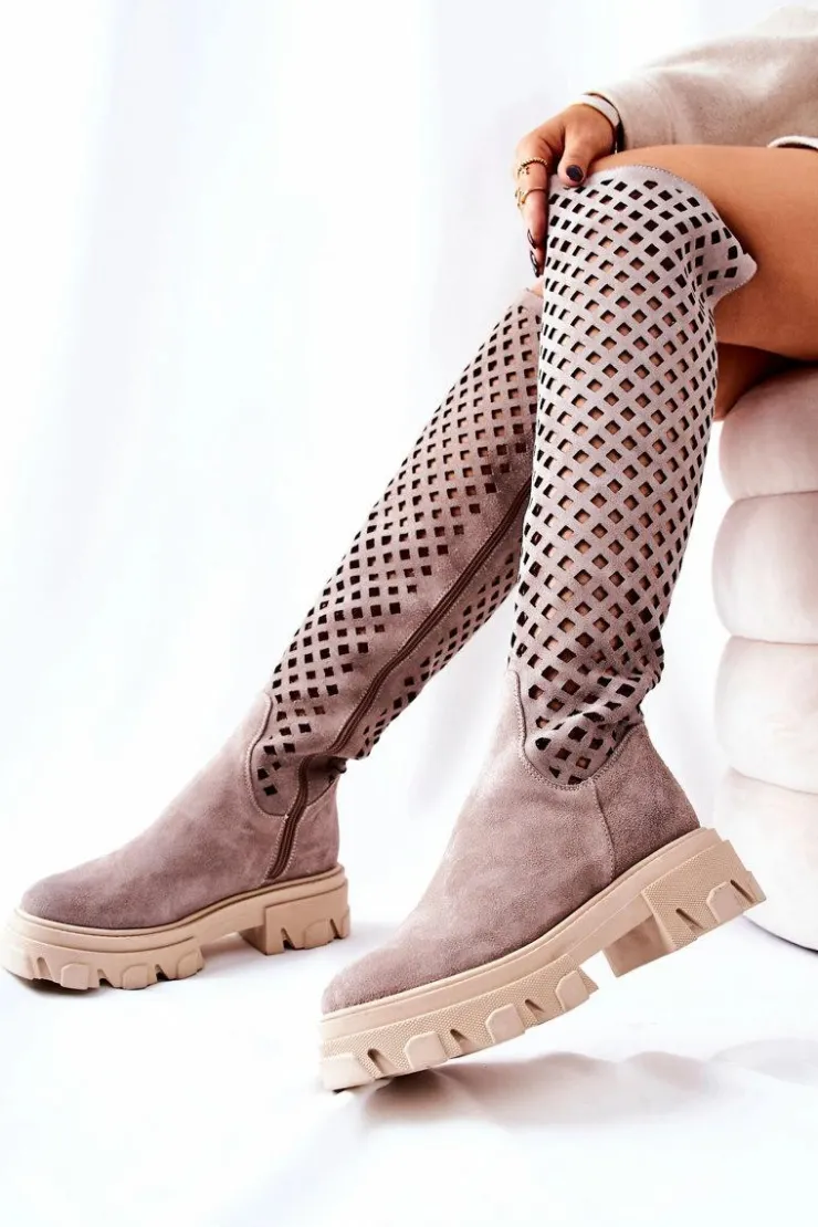 Damskie Boto Zamszowe Ażurowe Kozaki Jasnobrązowe Kallede