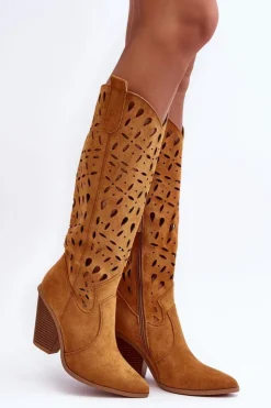 Damskie Boto Zamszowe Ażurowe Kozaki Kowbojki Brązowe Nisu