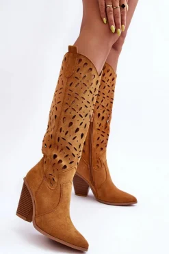 Damskie Boto Zamszowe Ażurowe Kozaki Kowbojki Brązowe Nisu