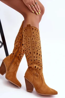 Damskie Boto Zamszowe Ażurowe Kozaki Kowbojki Brązowe Nisu
