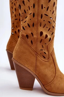 Damskie Boto Zamszowe Ażurowe Kozaki Kowbojki Brązowe Nisu