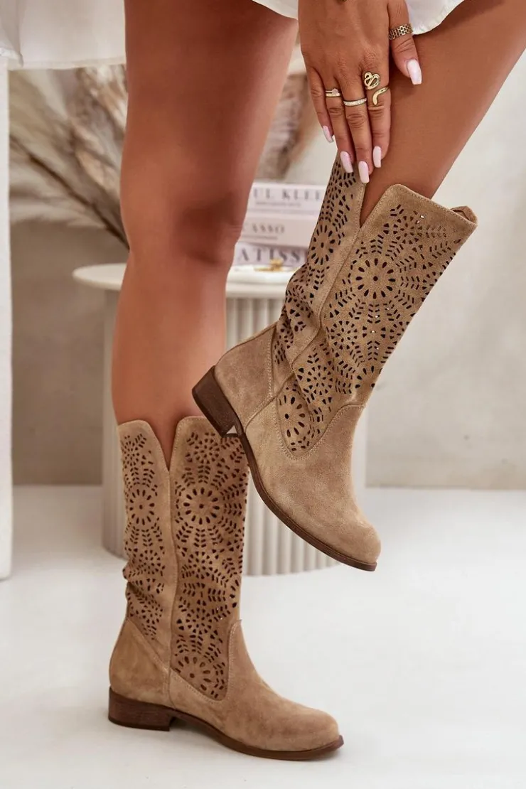Boto Kozaki Wiosenne|Kozaki Ażurowe*Zamszowe Ażurowe Kozaki Lewski 3366/2Beżowe