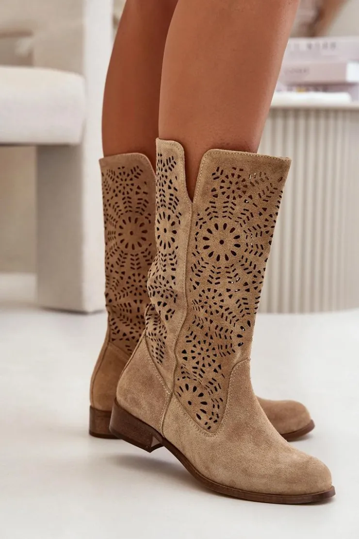 Boto Kozaki Wiosenne|Kozaki Ażurowe*Zamszowe Ażurowe Kozaki Lewski 3366/2Beżowe
