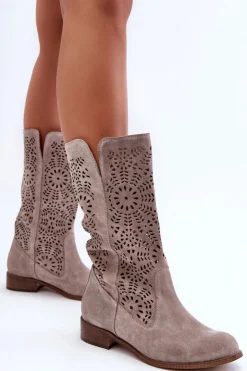 Damskie Boto Zamszowe Ażurowe Kozaki Lewski 3366/2 Cappucino