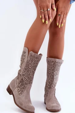 Damskie Boto Zamszowe Ażurowe Kozaki Lewski 3366/2 Cappucino