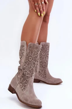Damskie Boto Zamszowe Ażurowe Kozaki Lewski 3366/2 Cappucino