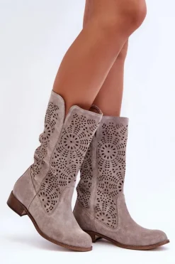 Damskie Boto Zamszowe Ażurowe Kozaki Lewski 3366/2 Cappucino
