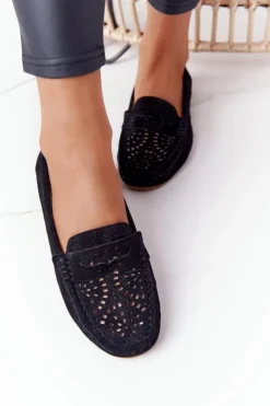 Clearance Damskie buty S.Barski Zamszowe Ażurowe Mokasyny Damskie S.Barski Czarne