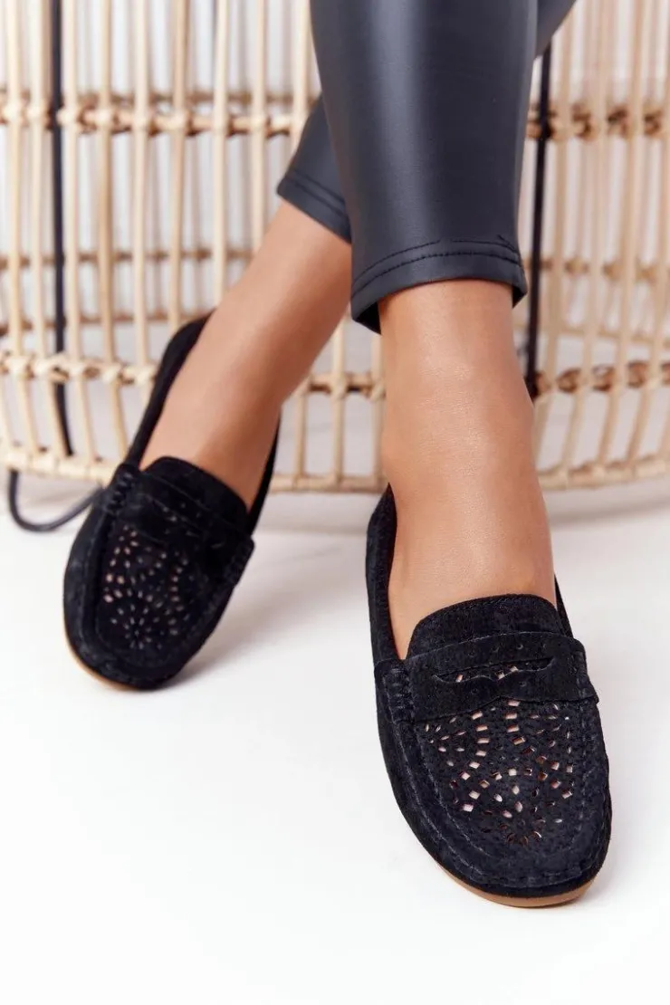 Clearance Damskie buty S.Barski Zamszowe Ażurowe Mokasyny Damskie S.Barski Czarne